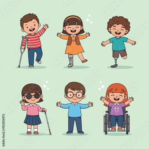 Diverse Children with Disabilities Celebrating Inclusion and Diversity Vector.