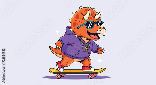 Cute Triceratops Dinosaur Riding Skateboard Wearing Sunglasses and Hoodie.