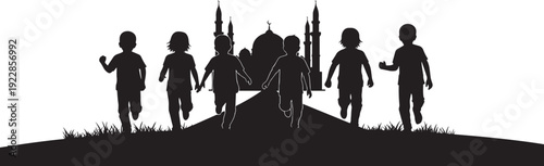 Group of children running towards mosque silhouette on horizon celebrating eid al fitr with joy and happiness representing youth spirit in islamic community during ramadan festival season vector art