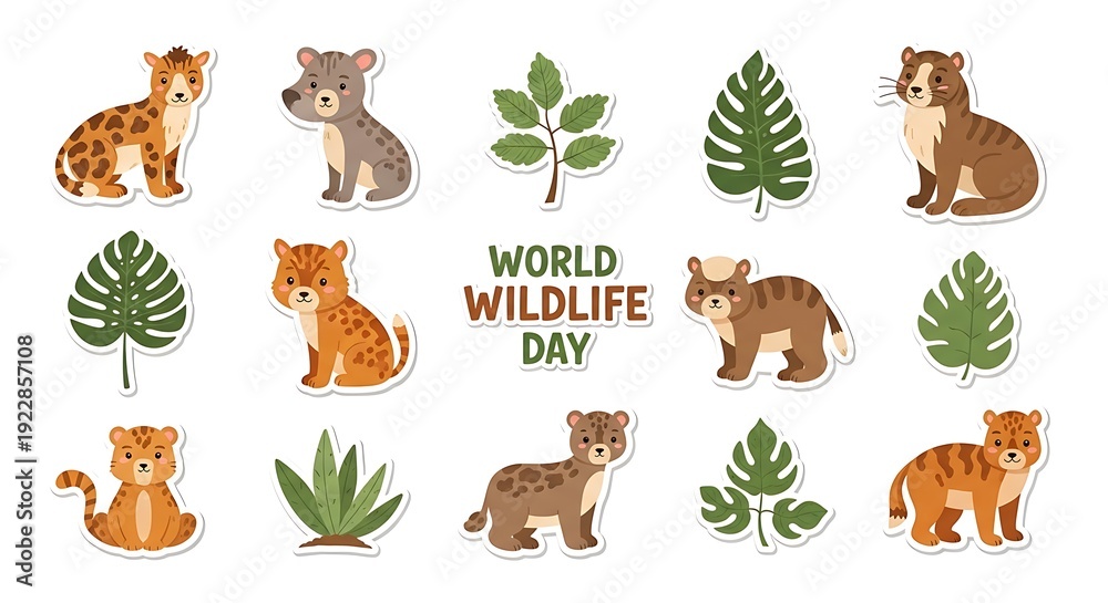 Fototapeta premium Bright Cute Animals and Leaves World Wildlife Day