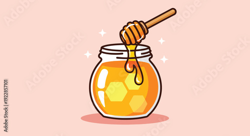 Golden Honey Jar with Dipper and Dripping Honey Vector Illustration.