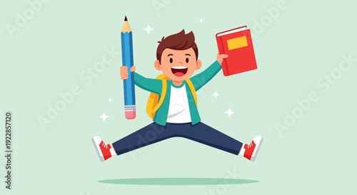 Happy Boy Jumping with Pencil and Book for School.