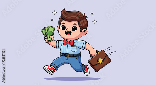 Happy Boy Running with Money and Briefcase.