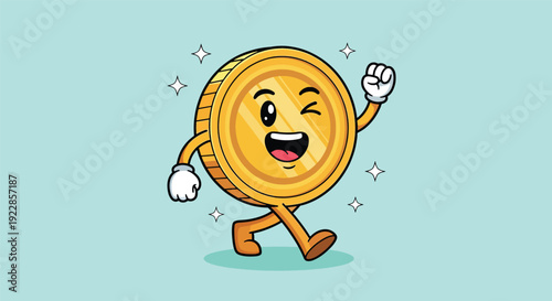 Happy Cartoon Coin Character Winking and Walking.