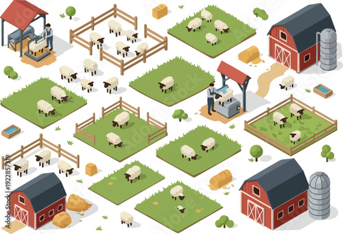 Illustration of a farm scene with barns, animals, and fields viewed from above
