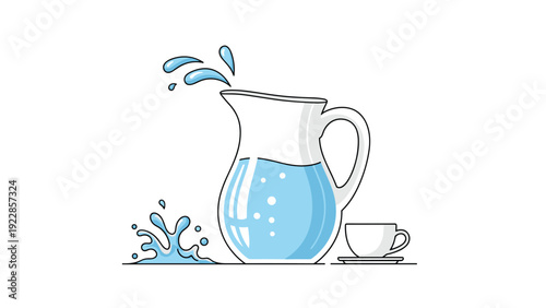 Refreshing water pitcher pouring liquid into a glass with energetic splashes in a clean and simple vector illustration.