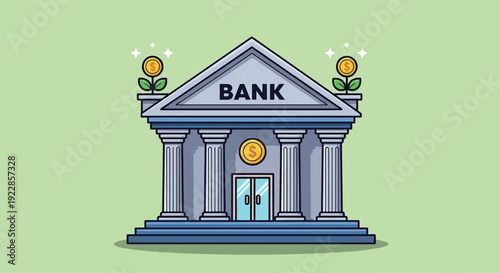 Illustration of a Bank Building with Coins and Plants.