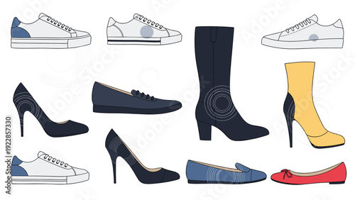 Large collection of diverse footwear styles including sneakers, high heels, boots, and flat shoes for different occasions.