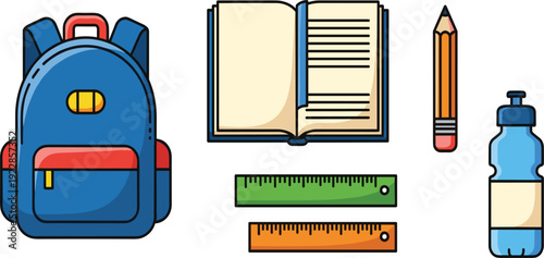 Back to School Education Vector Set with Blue Backpack Open Book Pencil Ruler and Water Bottle Isolated on White Background