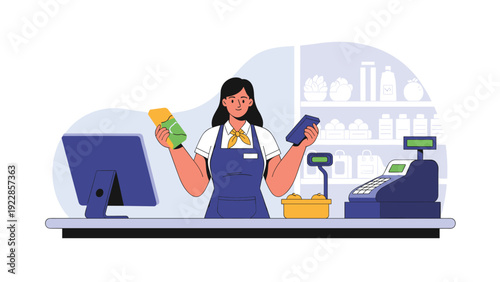 Friendly female supermarket cashier holding products and working at a modern grocery store checkout counter with a smile.