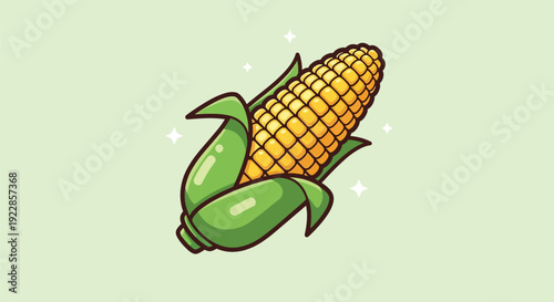 Illustration of a Fresh Corn Cob with Green Leaves.