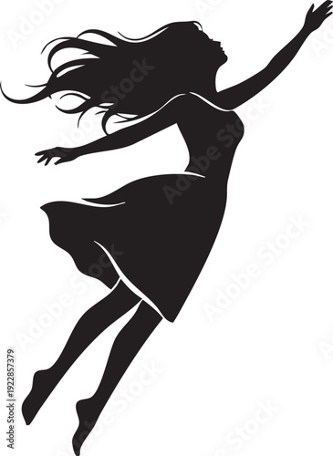 Flying Girl Silhouette Vector Illustration – Beautiful Woman in Air, Black Isolated Design