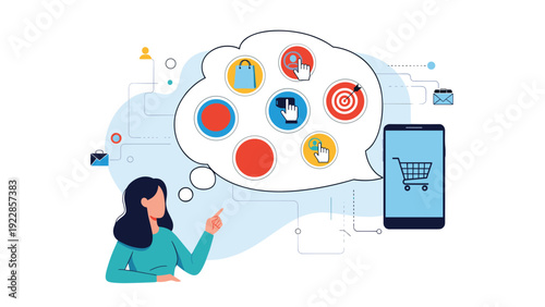Young woman contemplating online shopping options shown as icons in a thought bubble while holding a smartphone device.