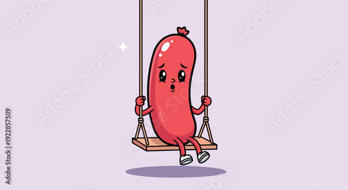 Sad Sausage Character Swinging on a Swing Set Vector.