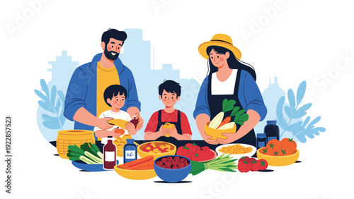 Happy family with two young children preparing healthy vegetables together in a vibrant and educational kitchen scene.