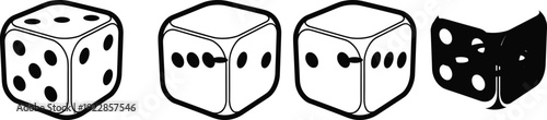 Collection of four black and white dice illustrations showing various numbers for gambling, board games, luck, probability, gaming, and leisure.