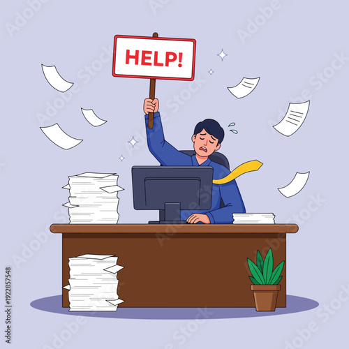 Stressed Businessman Holding HELP Sign Amidst Paperwork Overload.
