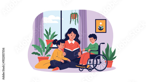 Caring mother reading an engaging storybook to her two children including a young boy sitting in a manual wheelchair.