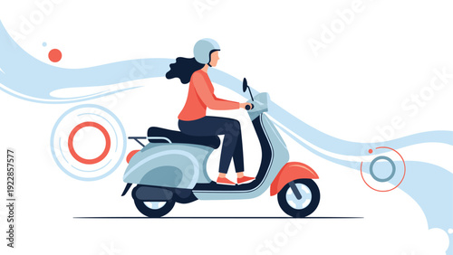 Stylish woman riding a modern motor scooter through the city with abstract flowing lines suggesting speed and movement.