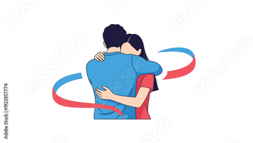 Romantic couple embracing in a warm hug with abstract blue and red flowing ribbons surrounding them in a symbolic way.