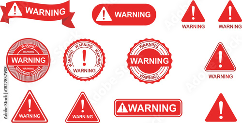 Red warning sign illustration set, hazard safety signage design, caution alert artwork, exclamation symbol motif, workplace danger communication icon