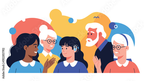 Diverse group of people including seniors and a young girl wearing a hearing aid standing together against a colorful backdrop.
