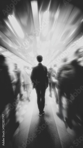 Lone figure walks away from a crowd in a blurred, brightly lit corridor