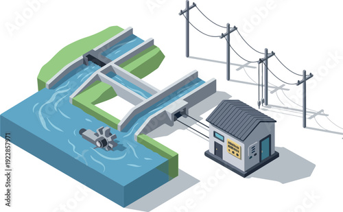 Hydroelectric Dam Illustration Showing Water Flow and Electricity Generation Process