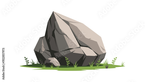 Large grey boulder sitting on a patch of green grass with small plants isolated on a clean white background for landscape design projects.
