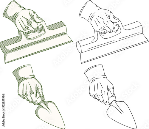 Hands Holding Masonry Trowel and Plastering Float.Rendered in a classic vintage etching style.for construction branding, architectural heritage projects, and manual labor illustrations.
