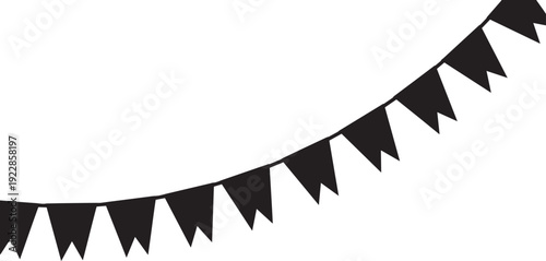 Decorative string of black triangular bunting flags, festive celebration banner, party decoration, holiday atmosphere, cheerful background element, outdoor event ambiance, graphic design asset