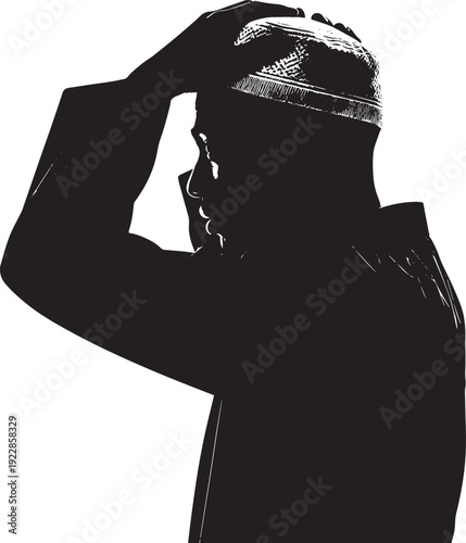 Muslim man silhouette wearing traditional kufi cap praying with hands on head in deep concentration meditation for ramadan kareem and islamic holy month celebration isolated on transparent background