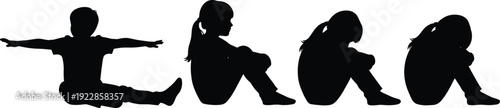Four child silhouettes in seated postures including extended legs and curled positions, ideal for education, design, behavior studies, and creative illustration projects
