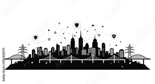 A futuristic cityscape illustration with network connections and security shields