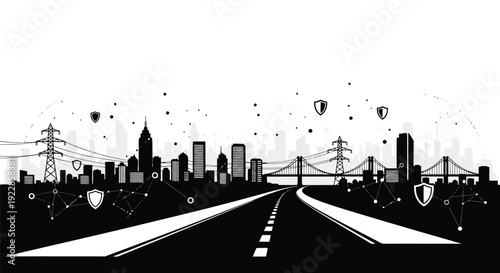 A stylized black and white cityscape with a highway and network connections
