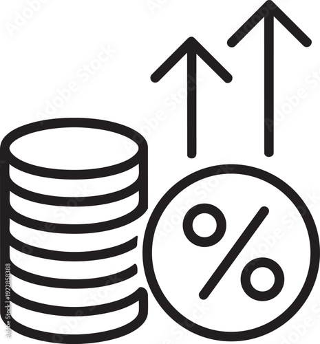 Vector outline icon showing a stack of coins with percent symbol representing financial tax increase concept