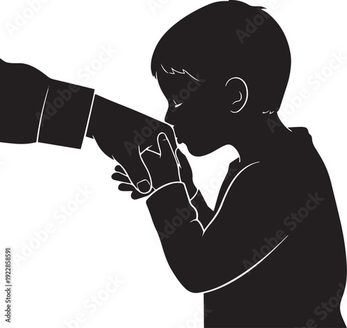 Child silhouette kissing hand of elder as sign of respect during eid mubarak celebration showing traditional muslim values and family bond isolated on transparent background for islamic greeting card