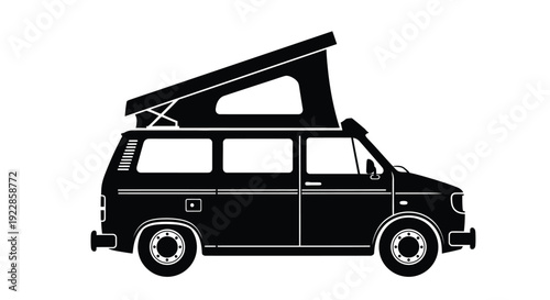 Black silhouette of a vintage camper van with a pop up roof