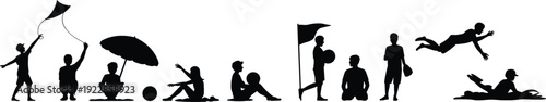 Black silhouettes of children playing with balls and flags kids
