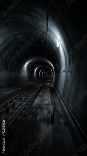 Motion blur in dark tunnel captures glowing train lights and wet tracks