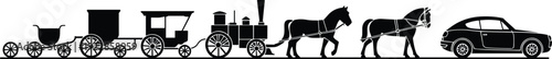 Black silhouettes of horse drawn carriage and car side by side