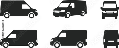 Six van silhouettes in multiple perspectives including side, angled, front, and rear views, ideal for automotive design, transport graphics, signage, and commercial creative projects