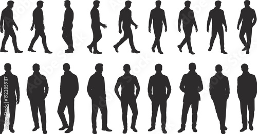Sixteen male silhouettes in walking and standing poses, showing progressive motion stages and static gestures, ideal for animation, design, illustration, and educational creative projects