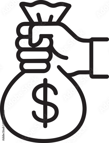 Simple outline vector illustration of a hand holding a money bag representing government financial tax collection