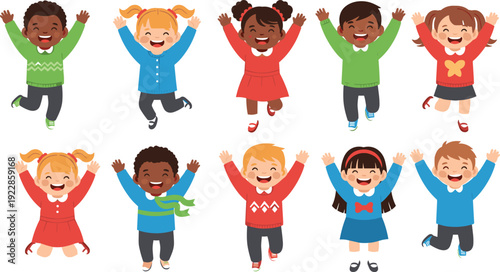 Collection of happy diverse cartoon children jumping and celebrating, joyful kids character group vector illustration set isolated on white background