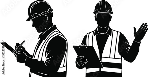 Construction engineers workers wearing safety helmets and vests checking clipboard inspection teamwork industrial builder vector illustration set