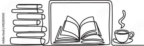 A still life of books and a cup of coffee on a desk viewed from the front