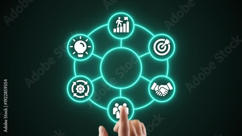 Future digital business strategy and innovation concept interface. Abstract technology dashboard with human hands interacting with bright icons for strategic planning showing growth success .