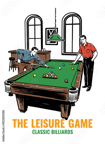 Billiards game vintage artwork. Retro men playing pool illustration. Leisure sport graphic design. Classic billiards club poster. Game room activity p