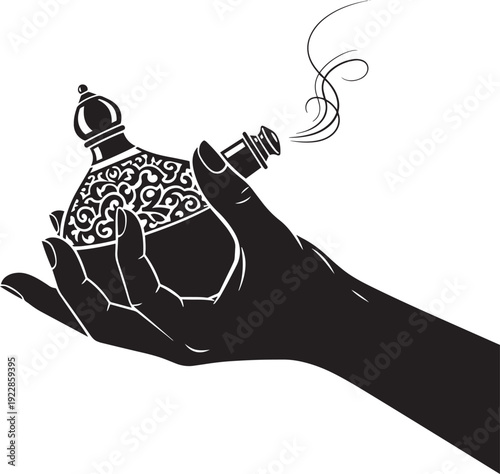 Hand holding traditional arabic perfume bottle ornate oud attar fragrance design with elegant swirls for ramadan kareem or islamic celebrations